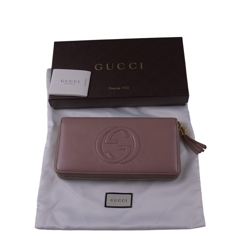 Gucci Soho Pebbled Calfskin Zip Around Long Wallet Pink